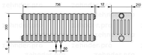Схема (чертеж) Радиатор Zehnder Charleston 6030/16 №3470 Белый глянцевый RAL 9016